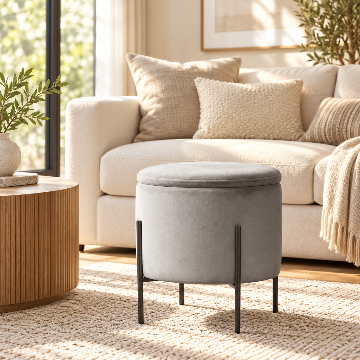 Velvet Round Storage Ottoman