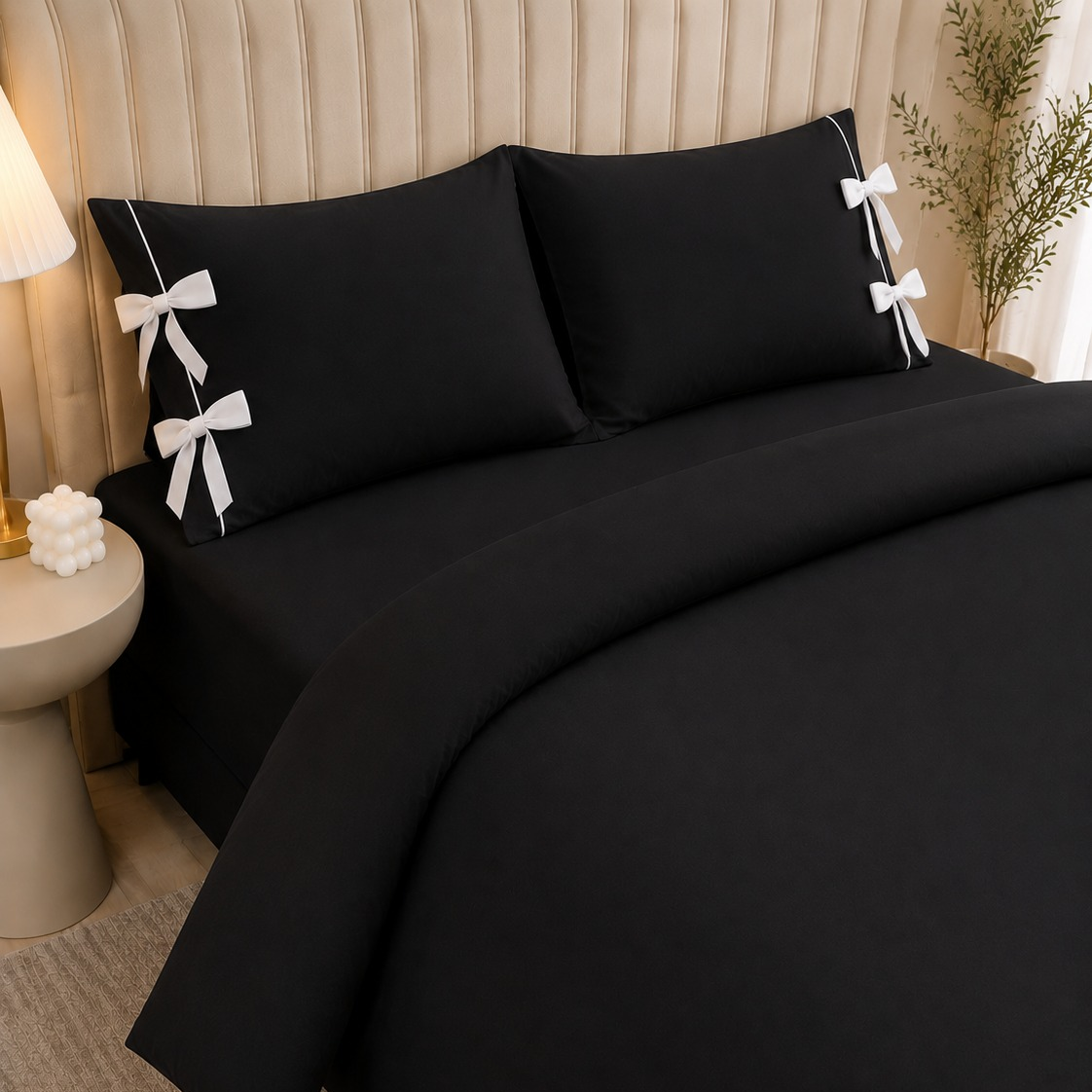 Black Plain Bow Duvet Cover Set with 2 Pillow Covers