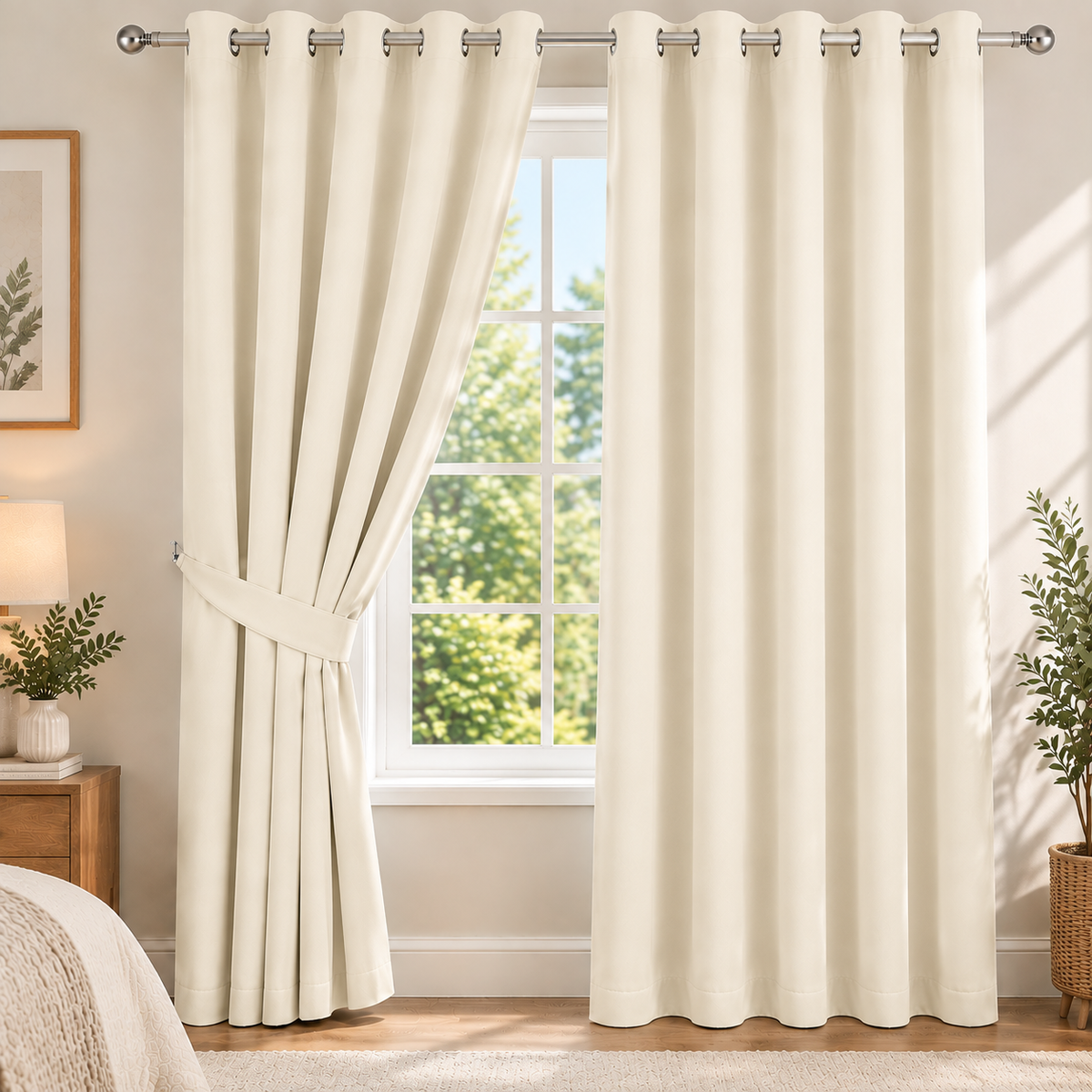 Plain Dyed Eyelet Curtain with Lining (cream) – Pack of 2