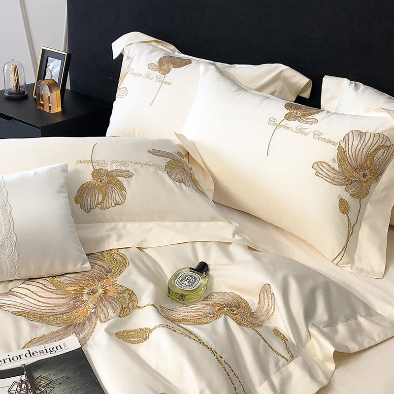 Cotton Satin Flower Embroidery Duvet Set