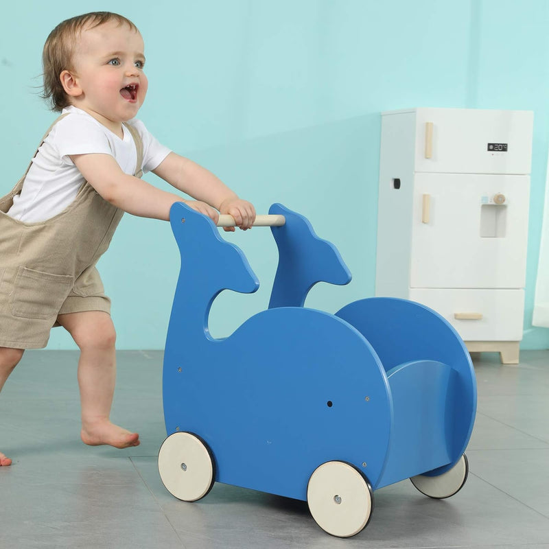 Blue Whale 2-in-1 Baby Learning Walker Wooden Strollers