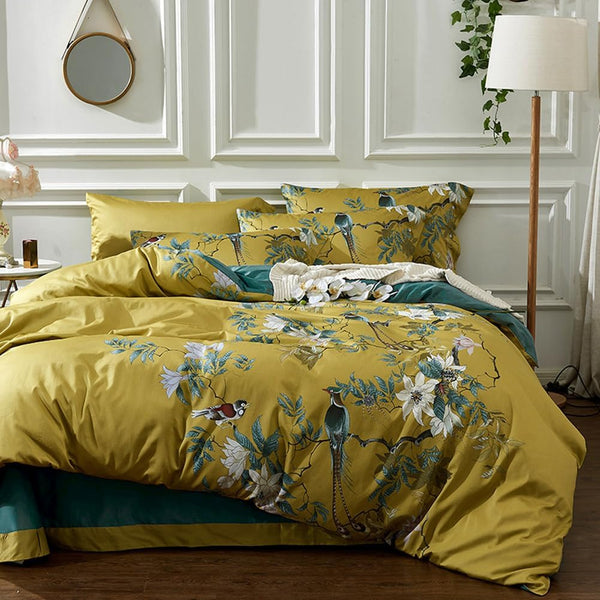Yellow Chinoiserie Style Birds Flowers Printed Bedding Duvet Set