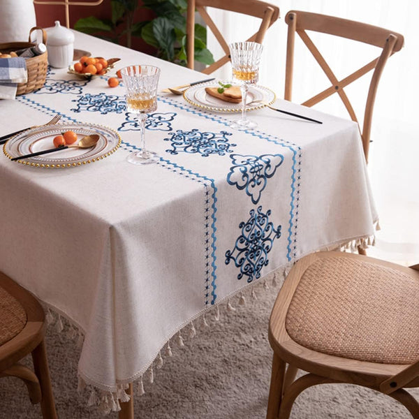 Blue Embroidered Cotton Table Cover