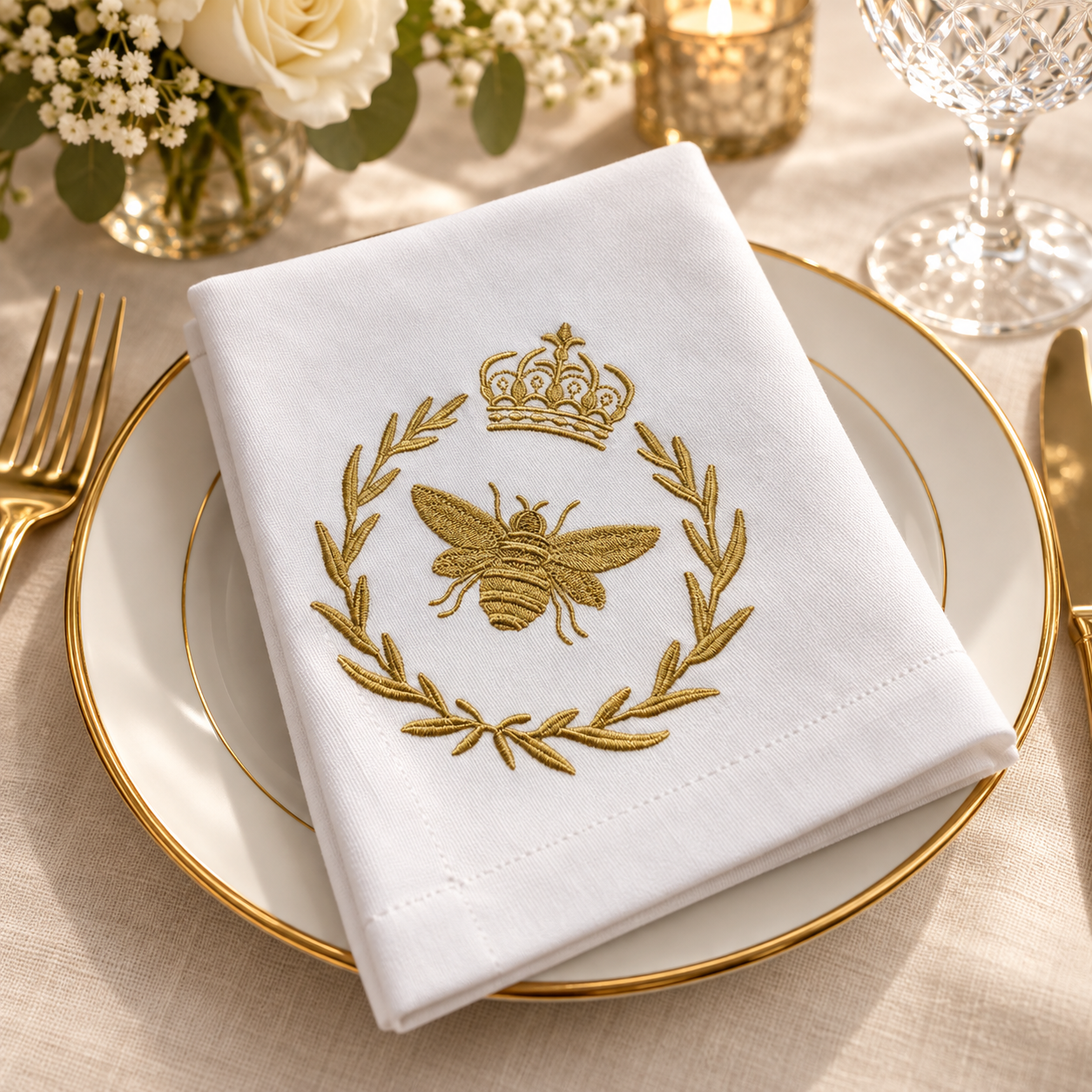 Royal Crown & Bee Embroidered Table Napkin