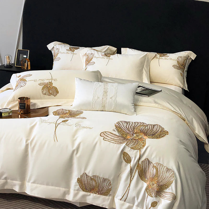 Cotton Satin Flower Embroidery Duvet Set