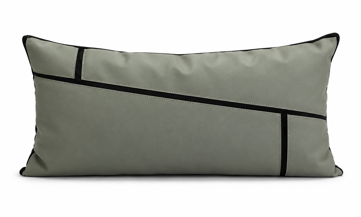 Modern Line Faux Leather Cushion Cover – Sage Grey & Black