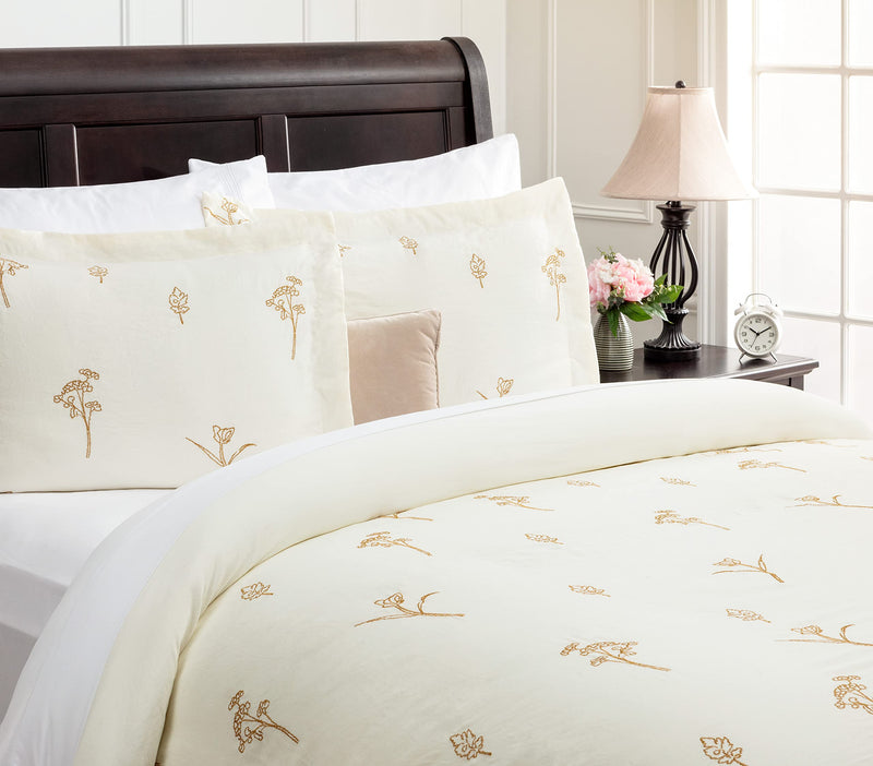 Floral Leaf Embroidered Duvet Cover