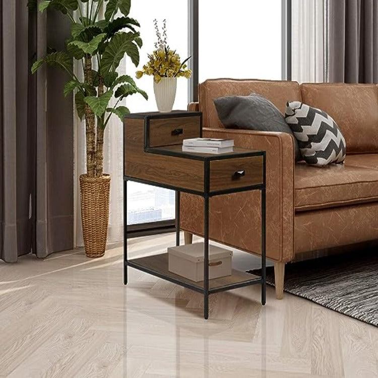 Table with Drawers ,Nightstand with Drawers and Shelf, Metal Frame End Table