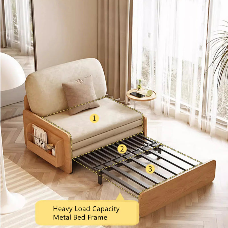 Pull Out Sofa Bed with Rotating Armrest Tray and Storage