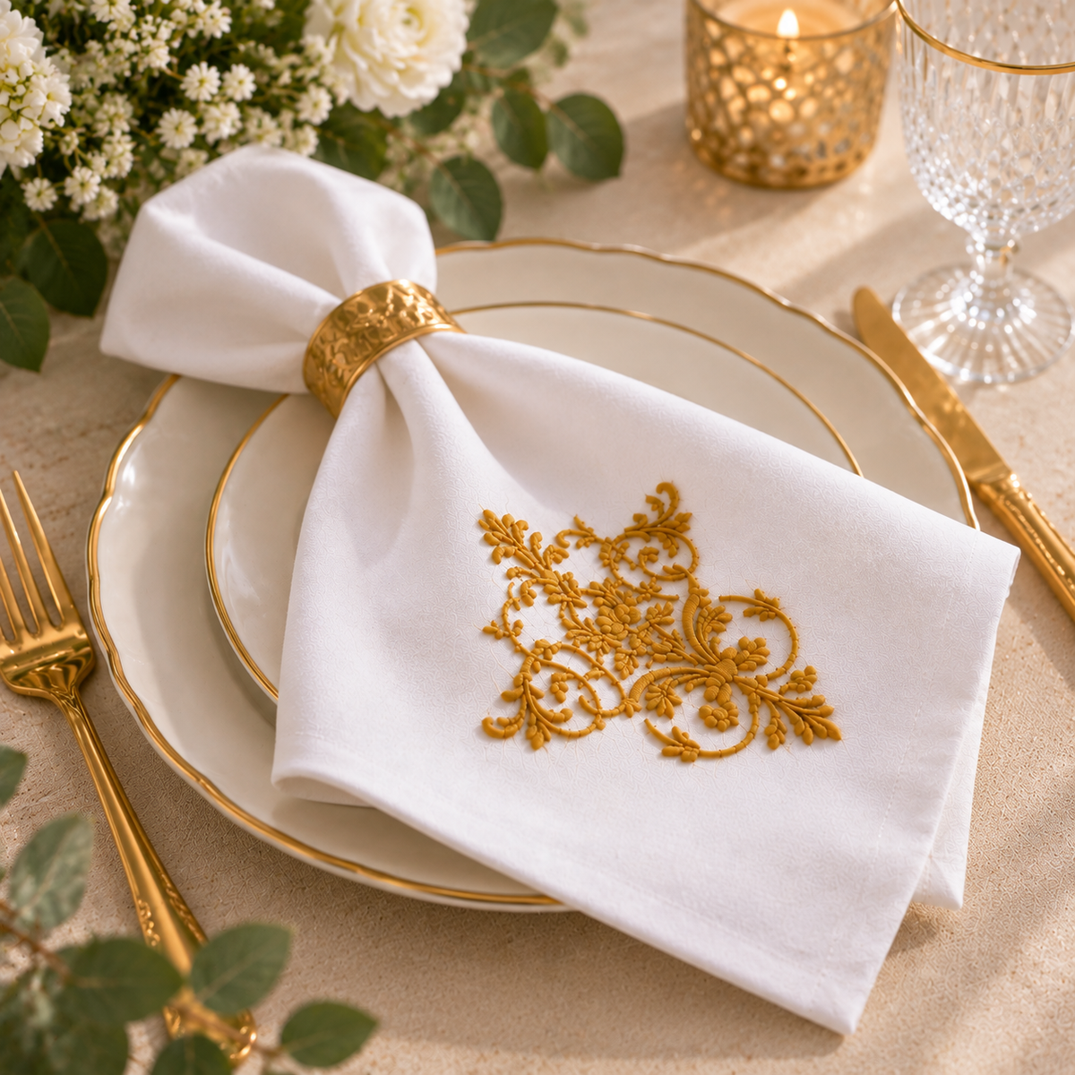 Elegant White Cotton Napkins with Gold Floral Embroidery