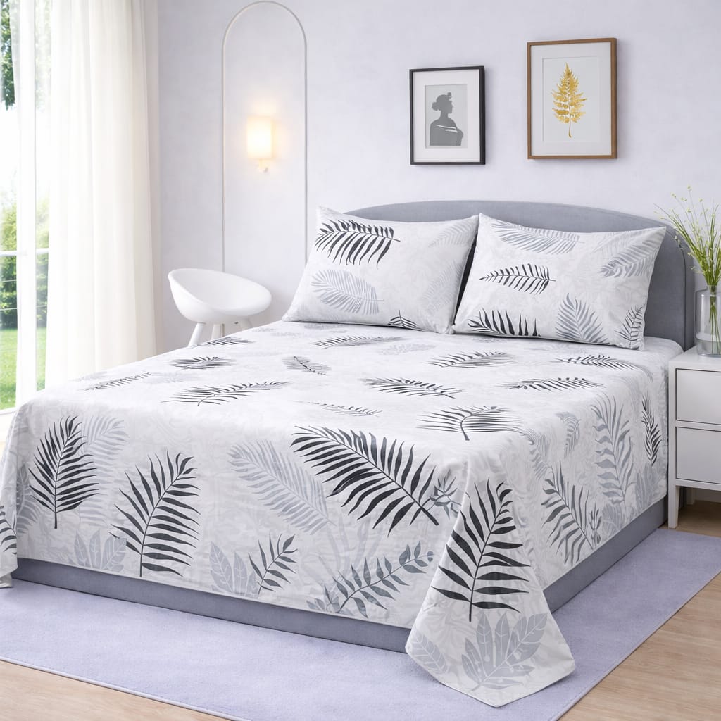 Grey Leaf Printed Bedsheet  – King Size Bedding