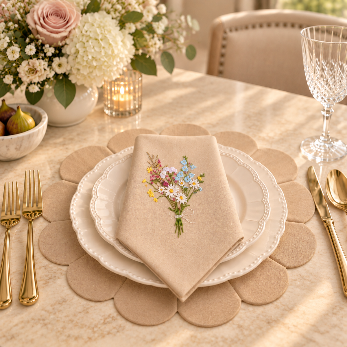 Luxury Plain Cotton Napkin with Wildflower Embroidery