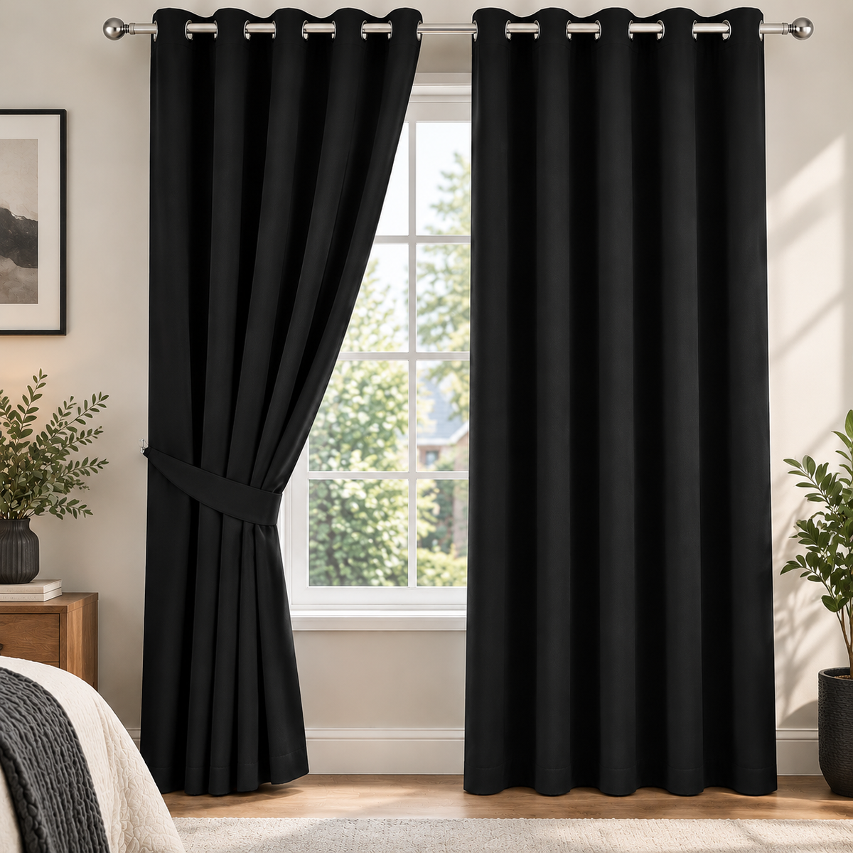 Plain Dyed Eyelet Curtain with Lining (Black) – Pack of 2