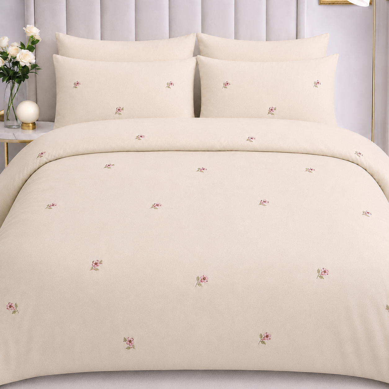 Soft Cream Floral Embroidered Duvet Cover Set