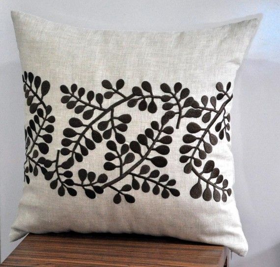 Embroidered Cushion Cover (light grey with dark brown)