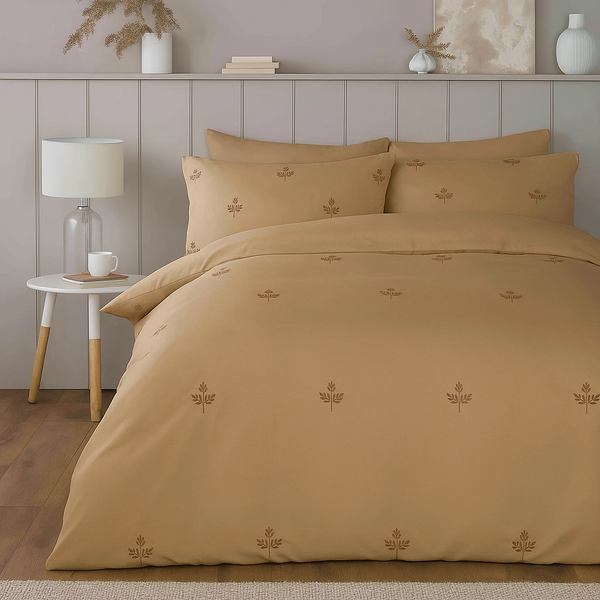 Embroidery Fern Leaf Bedsheet Beige