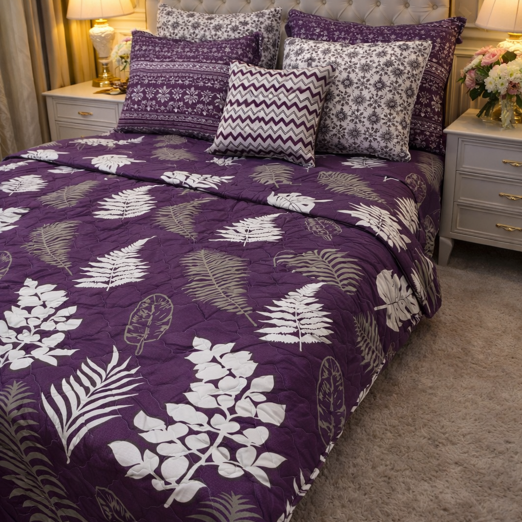 Purple Printed Bedspread Set – 7 Pcs