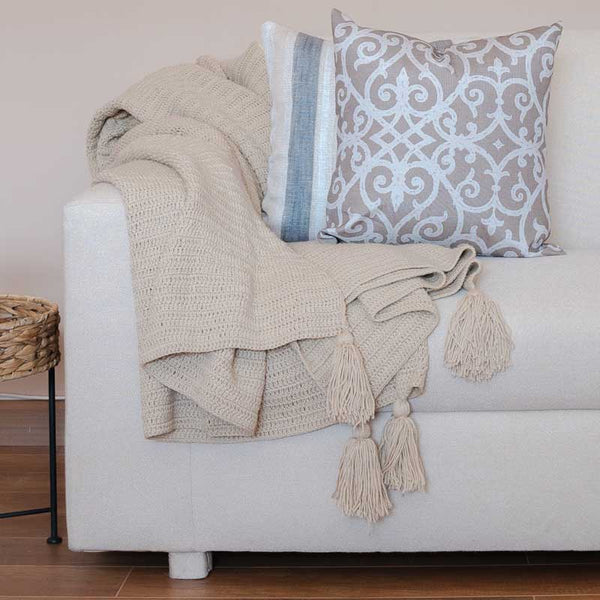 Amelia Hand Knitted Crochet Throw with Tassels-Beige