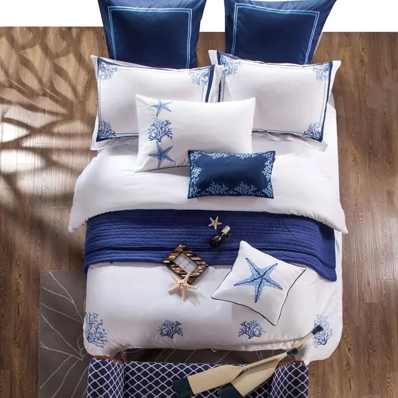 Chic Blue Landmarks Pattern Luxury Cotton Satin Bedding Embroidery Duvet Set - myhomestore.com.pk