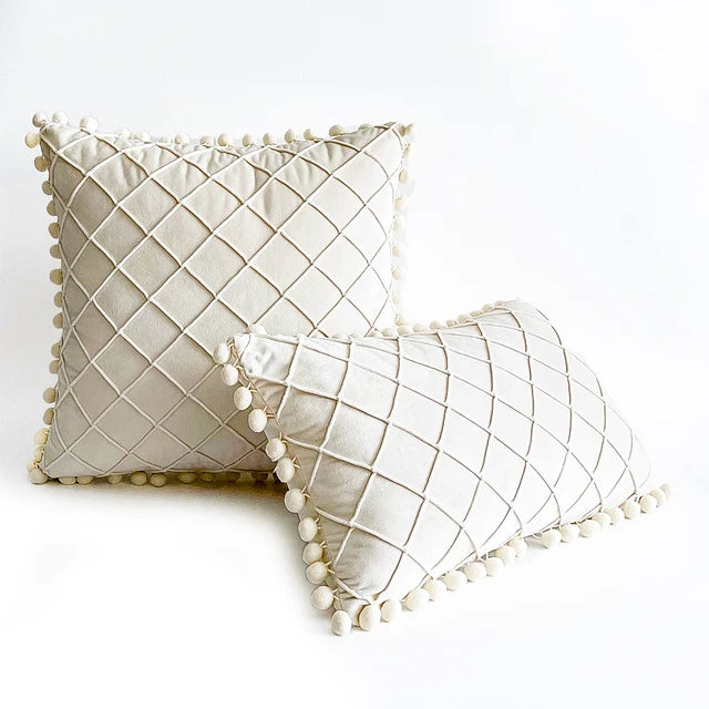 Pintuck Cushion Cover with pom pom lace