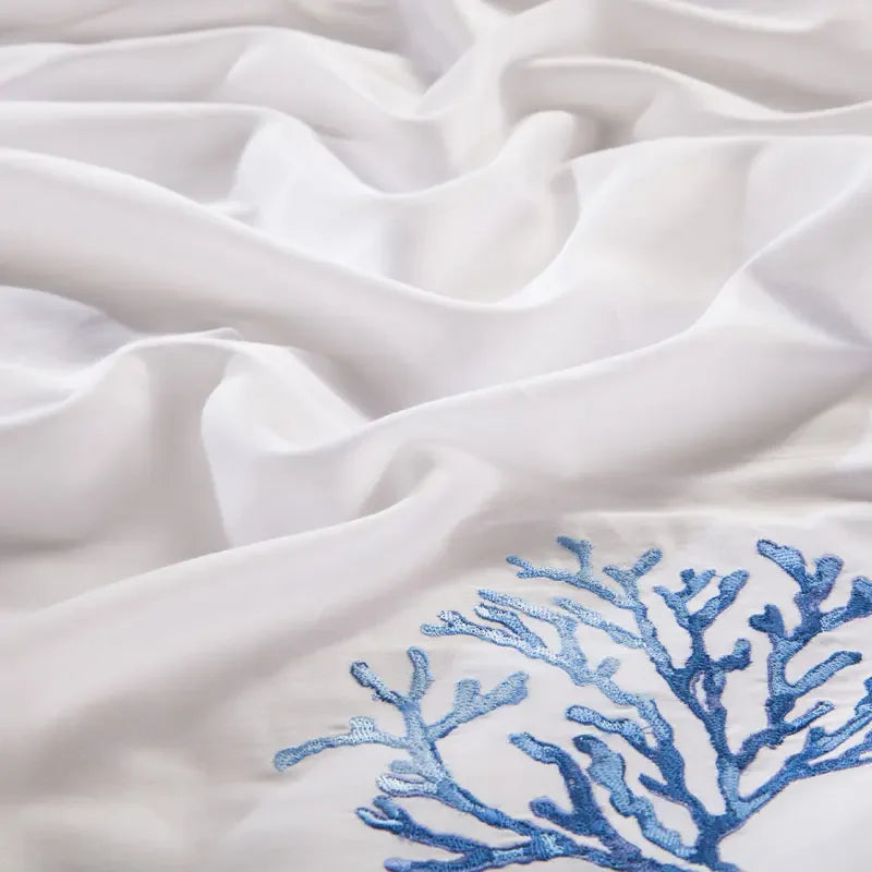 Chic Blue Landmarks Pattern Luxury Cotton Satin Bedding Embroidery Duvet Set - myhomestore.com.pk