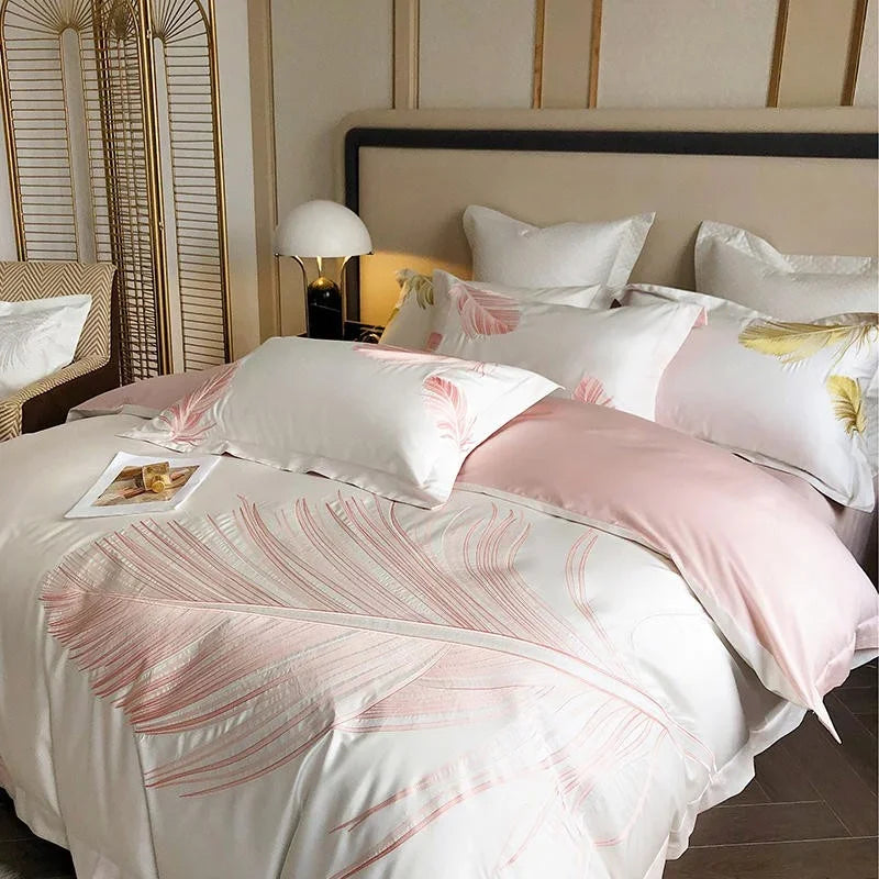 Luxury New Leaf Embroidery Duvet Set Pink and Golden - myhomestore.com.pk