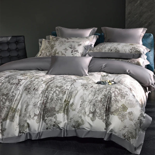 Grey Flowers Digital Printing Bedding Duvet Set