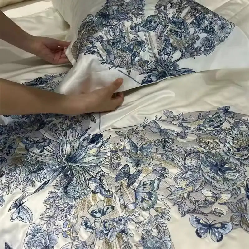 Enchanted Blue Floral Butterfly  Embroidery Duvet Set | Classic Embroidery Elegance