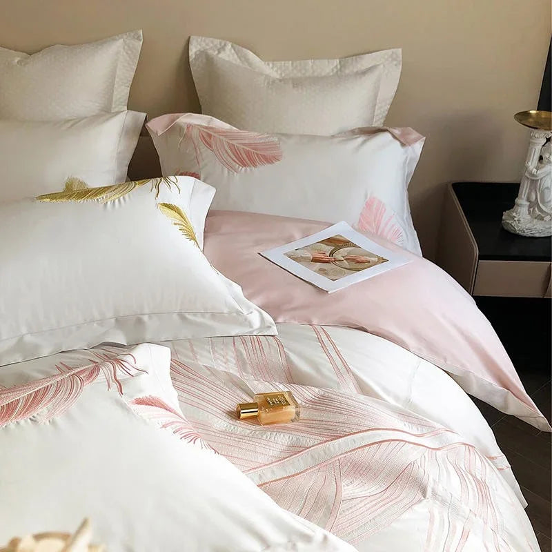 Luxury New Leaf Embroidery Duvet Set Pink and Golden - myhomestore.com.pk