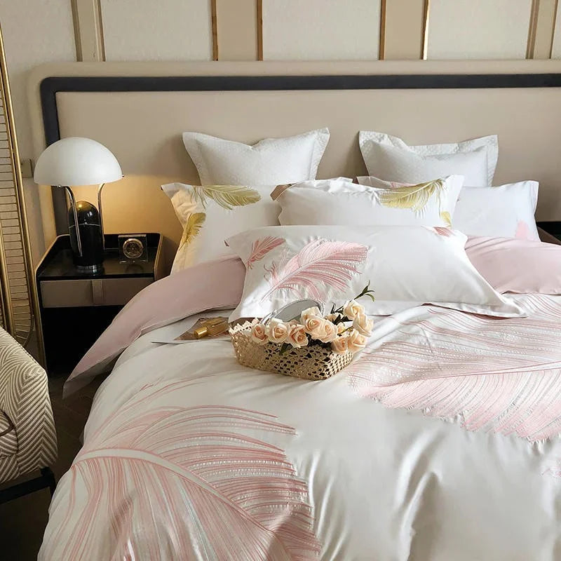 Luxury New Leaf Embroidery Duvet Set Pink and Golden - myhomestore.com.pk