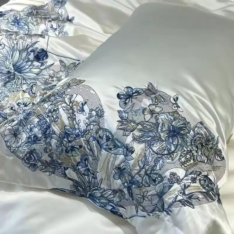 Enchanted Blue Floral Butterfly  Embroidery Duvet Set | Classic Embroidery Elegance