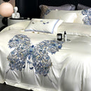 Enchanted Blue Floral Butterfly  Embroidery Duvet Set | Classic Embroidery Elegance