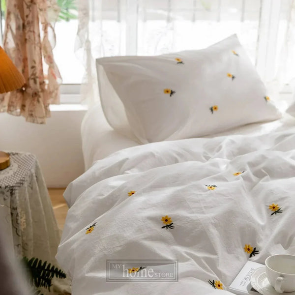Daisy Flower Embroidered Bedsheet white