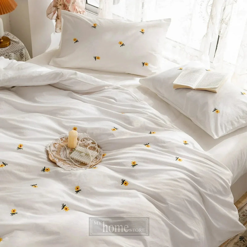 Daisy Flower Embroidered Bedsheet white