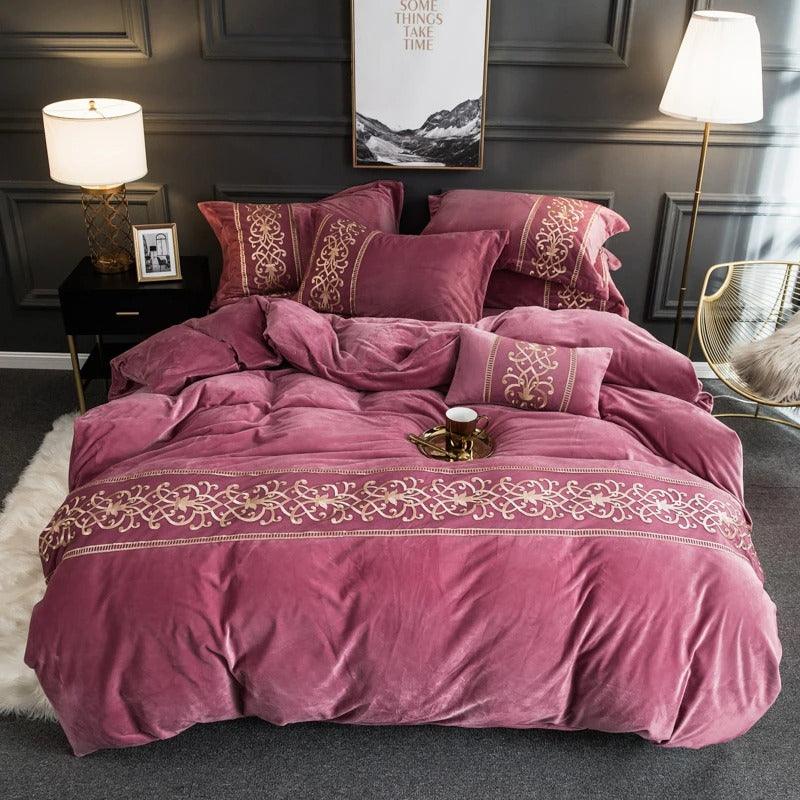 Pink Luxury Embroidered Turkish Velvet Duvet Set