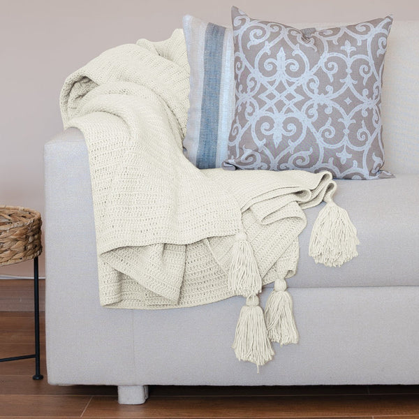 Amelia Hand Knitted Crochet Throw with Tassels-OFF -White