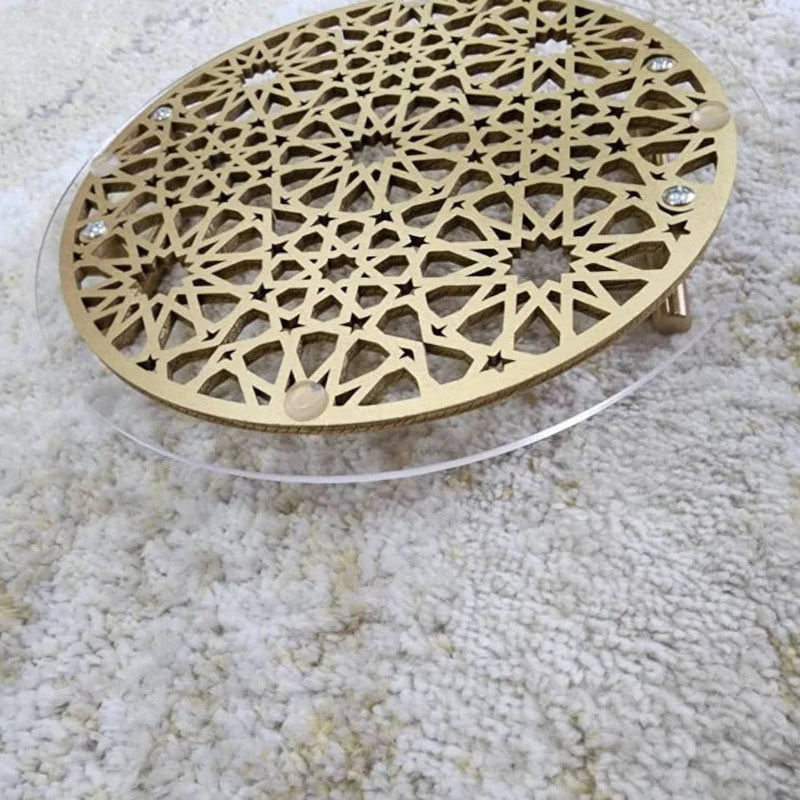 Islamic Pattern Wooden Sweets Tray With Acrylic Top - Gold/Silver