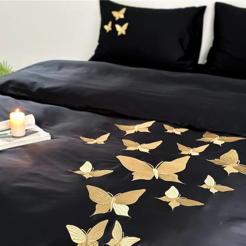 Golden Butterfly Embroidery Duvet Set