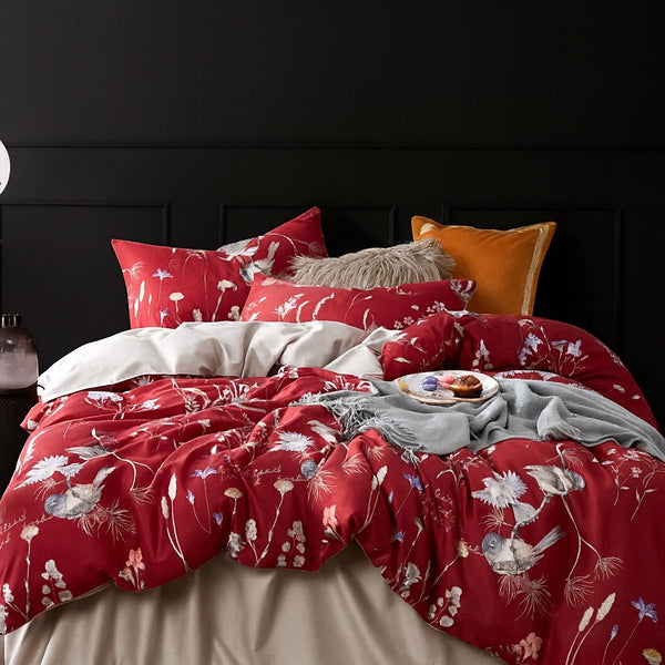 Mixini Red Floral & Birds Printed Bedding Duvet Set -Bold & Timeless Design
