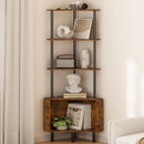 Corner shelf with decorative items against a beige wall
