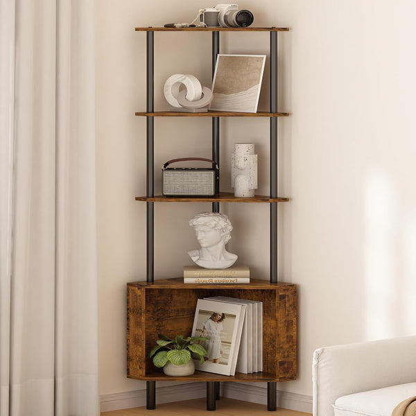 Corner shelf with decorative items against a beige wall