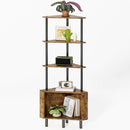 Corner shelf with wooden shelves and metal legs, displaying decorative items on a white background.
