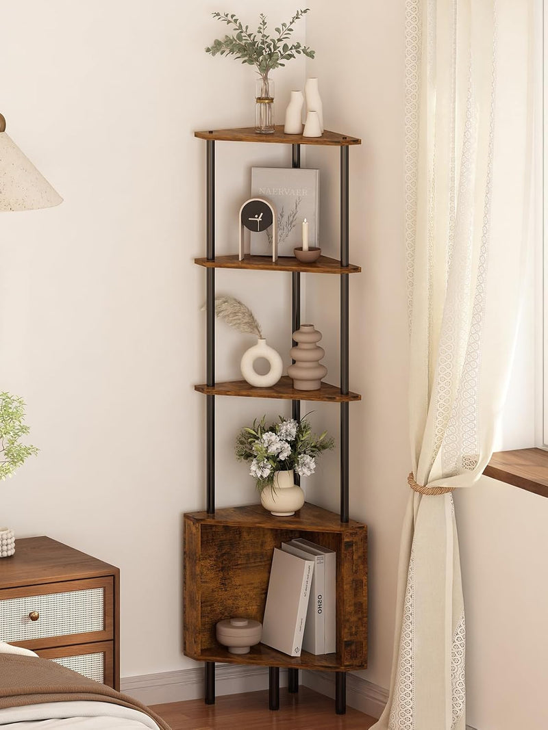 Corner shelf unit with decorative items in a bedroom setting