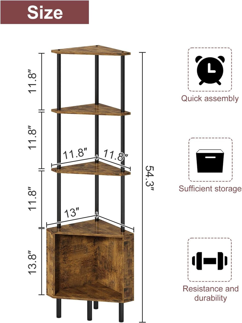 Corner shelf with dimensions and features on a white background