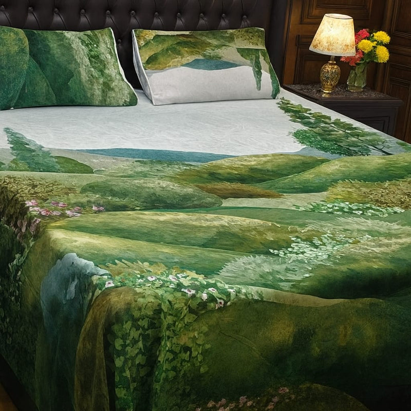 Vibrant-Colored Landscape Design Printed Bedsheet (3pcs)
