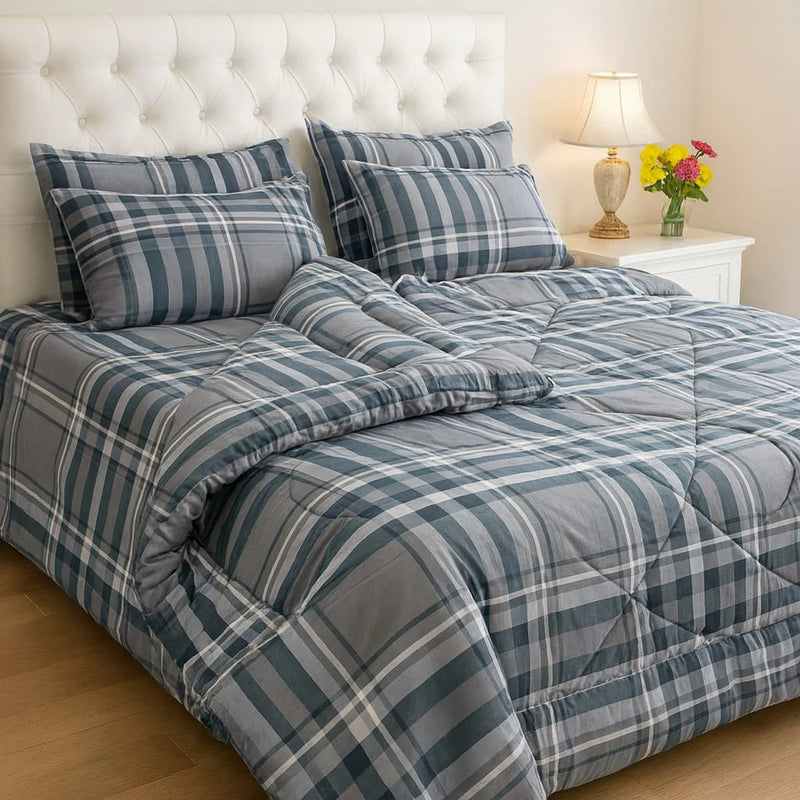 Luxury Blue Plaid Bedding Set – Warm Quilted Bed Set for Winter