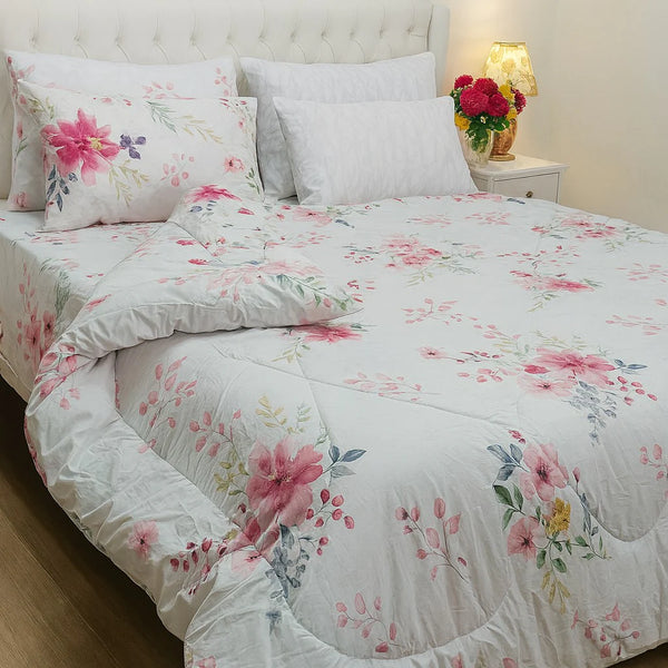 White & Pink Printed Quilt Set – Fresh Floral Bed Set