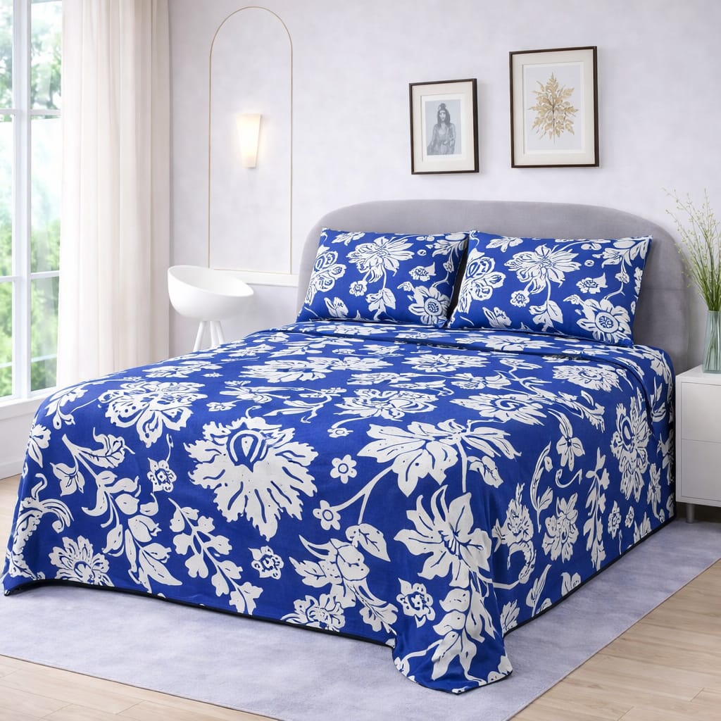 Sapphire Bloom Printed Bedsheet  – King Size Bedding