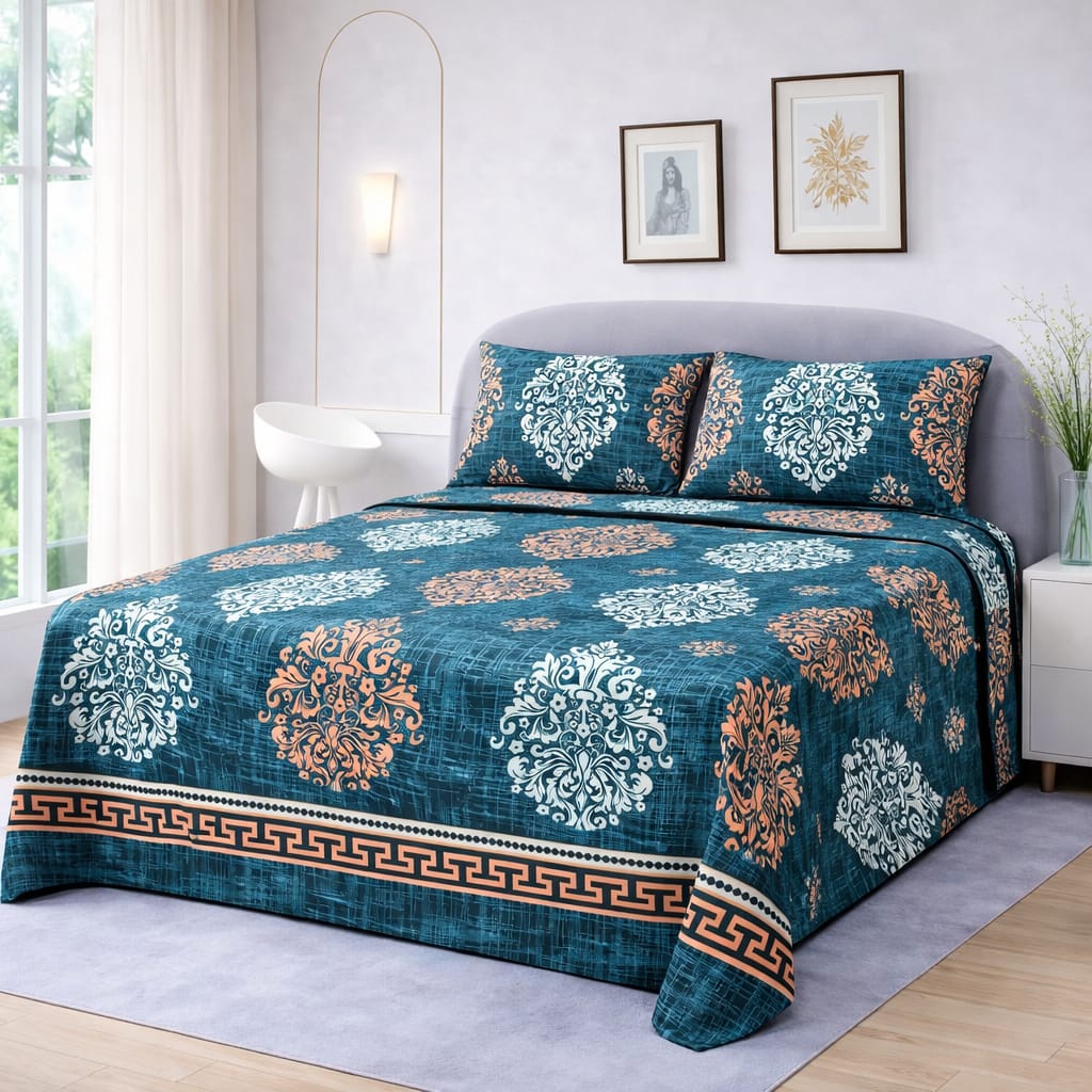 Teal Printed Bedsheet  – King Size Bedding