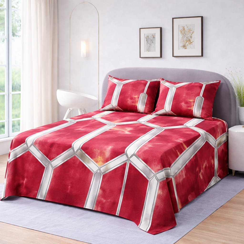 Ruby Grid Printed Bedsheet  – King Size Bedding